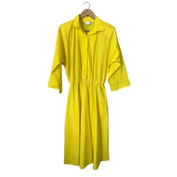 Vintage 80s 90s Vicki Wayne’s Bright Yellow Midi Shirt Dress Size 12 USA Made - Picture 1 of 5